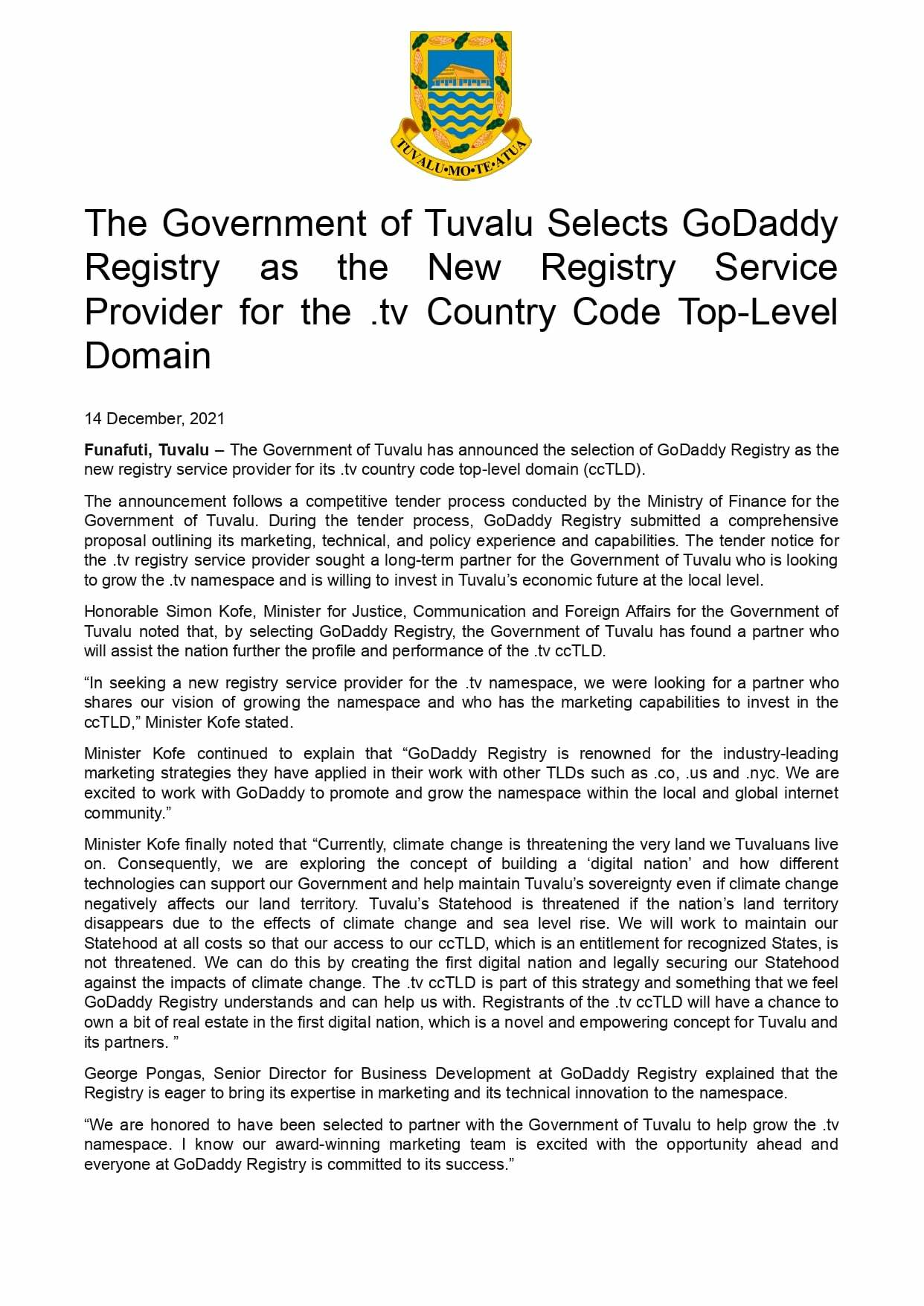 .TV domains: The government of Tuvalu selected GoDaddy registry 2 .TV domains: The government of Tuvalu selected GoDaddy registry