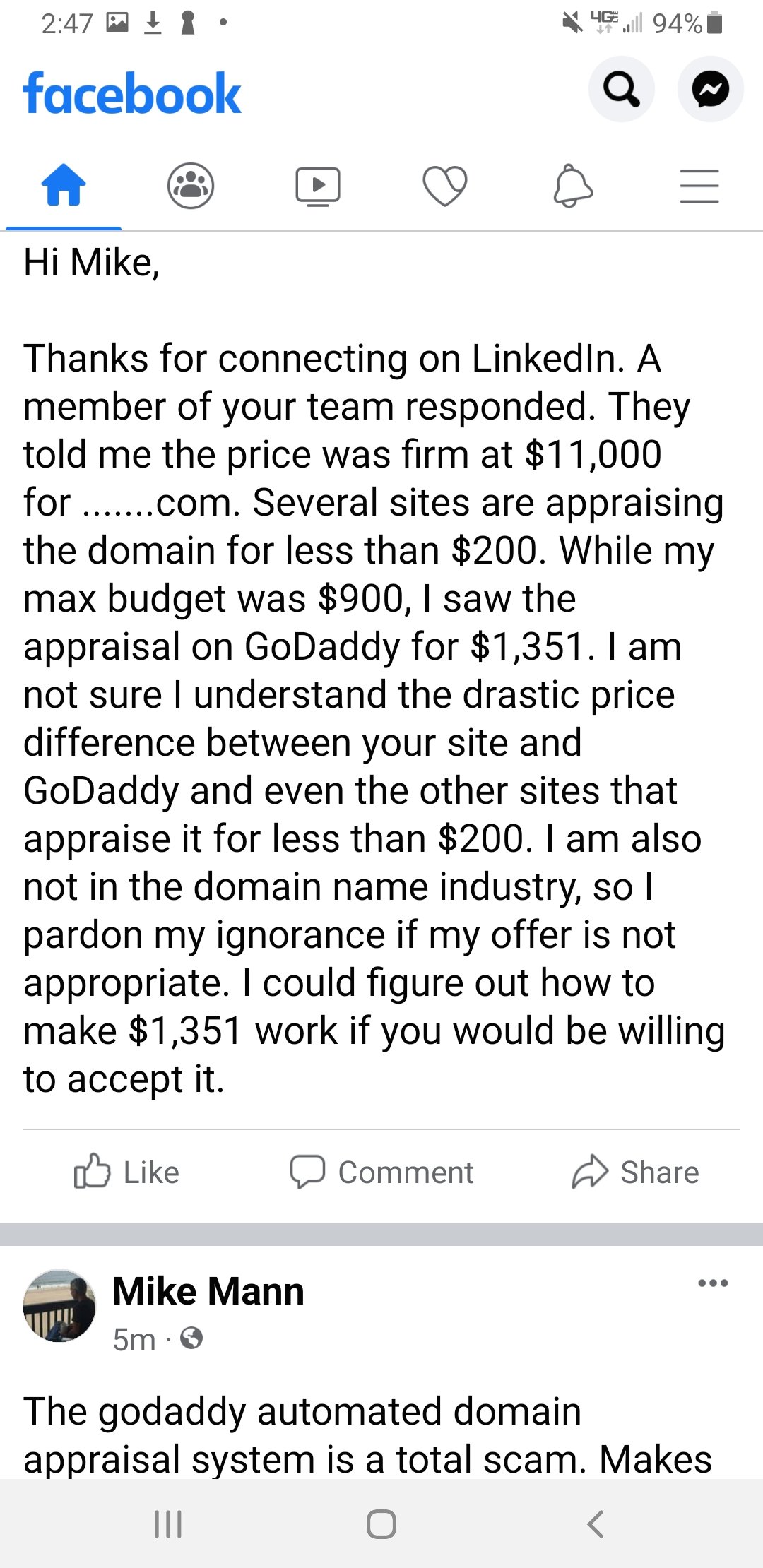 Mike Mann says GoDaddy domain appraisals are a total scam and a racket 2 Mike Mann says GoDaddy domain appraisals are a total scam and a racket