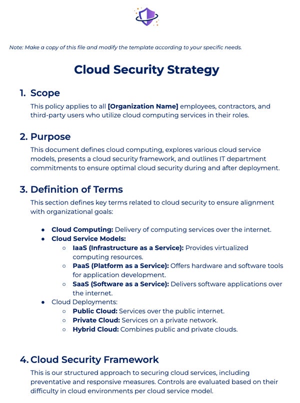 Cloud Security Strategy: Building a Robust Policy in 2024 1 Cloud Security Strategy Template preview.
