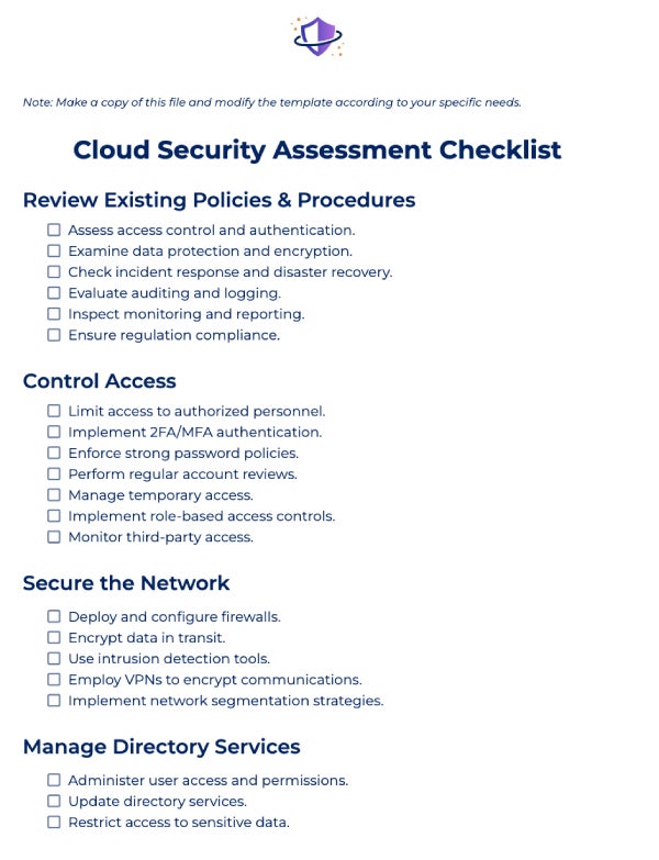 How to Perform a Cloud Security Assessment: Checklist & Guide 1 Cloud Security Assessment Checklist template preview.